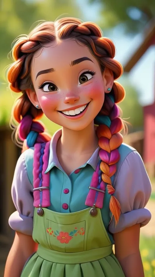 Prompt: Disney style farm girl with braids and a happy smile, vibrant colors, sunny