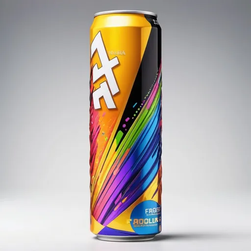 Prompt: A tall energy drink with multi color design