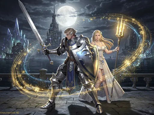 Prompt: a Final fantsy XI paladin protecting Lunafreya from final fantasy xv