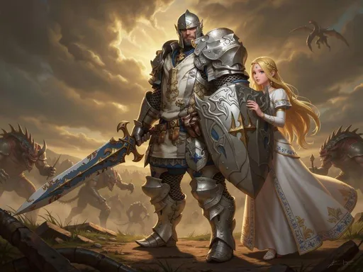 Prompt: a Final fantsy XI paladin protecting Lunafreya from final fantasy xv