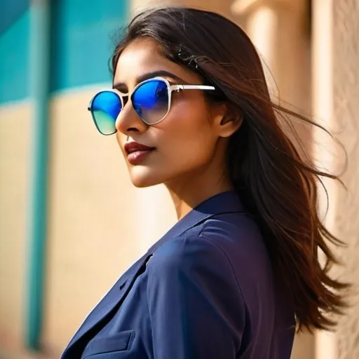 Prompt: (indian model wearing stylish sunglasses), clear details, UV protection indication, vibrant waterpoll background, dramatic lighting and shadows, high fashion vibe, soft elegant colors, ultra-detailed textures, captivating ambiance. This composition embodies modern eyewear with a focus on style and health, emphasizing the protective aspect of the sunglasses in a striking way.