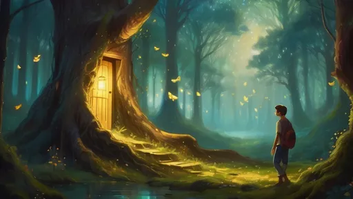 Prompt: A dreamy forest bathed in moonlight with glowing trees and dancing fireflies. A hidden wooden door built into the trunk of a large, ancient tree is slightly ajar, revealing a warm golden light spilling out. The forest floor is covered with soft moss and faintly glowing flowers. The atmosphere feels magical, tranquil, and full of wonder. A young man, Ahmad, stands hesitantly before the door, his hand just about to touch the wooden handle.