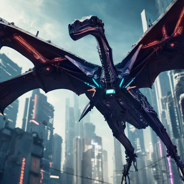 Prompt: cyberpunk pterosaurus, symmetrical, perfect composition, super detailed, 8k, high quality, trending art, trending on artstation, sharp focus, studio photo, intricate details, highly detailed