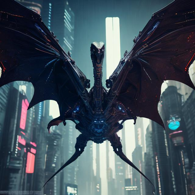 Prompt: cyberpunk pterosaurus, symmetrical, perfect composition, super detailed, 8k, high quality, trending art, trending on artstation, sharp focus, studio photo, intricate details, highly detailed