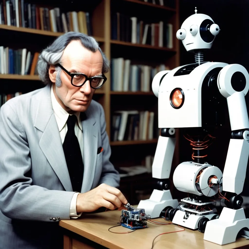 Prompt: Isaac Asimov building a robot that looks like Souxie from Souxie and the Banshees