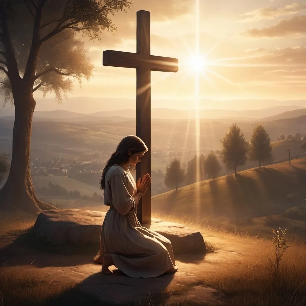 Prompt: A girl kneeling down and front of Jesus's cross 