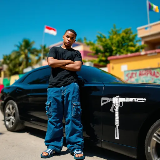 Prompt: Standing confidently beside a sleek black car, a young boy exudes an air of composure, with his arms crossed and a serious expression on his face. Dressed in a fitted black t-shirt and loose blue jeans adorned with cargo pockets, he completes his look with distinctive striped sandals, adding a casual flair to the scene. The backdrop features a clear blue sky, enhanced by the vibrant colors of nearby buildings and flags, hinting at a lively neighborhood atmosphere. The composition draws the eye toward the boy, with the car's glossy finish contrasting against the muted earth tones of the ground, while a stylized graphic of a firearm on the car's side adds an intriguing, albeit controversial, element to the narrative being portrayed. The overall mood strikes a balance between youthful defiance and the exploration of identity within an urban context.