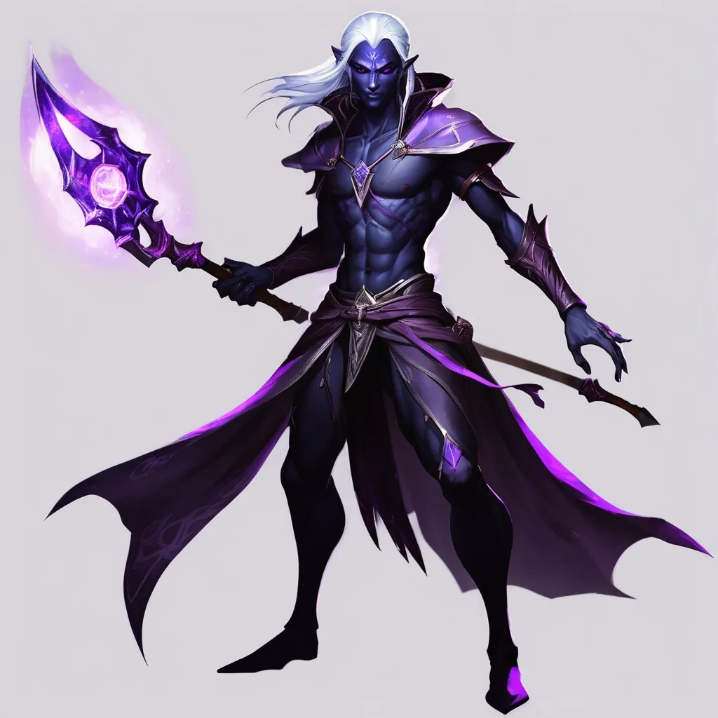 Prompt: drow male, mage with glaive, shine purple eyes, dynamic poses.