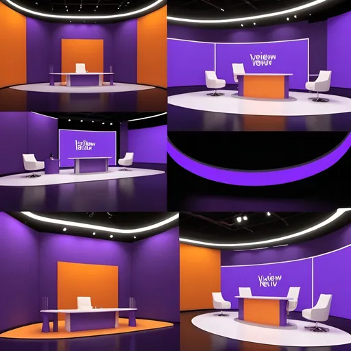 Prompt: make 4 renderings from 4 viewpoints talk show studio with purple and orange colors 