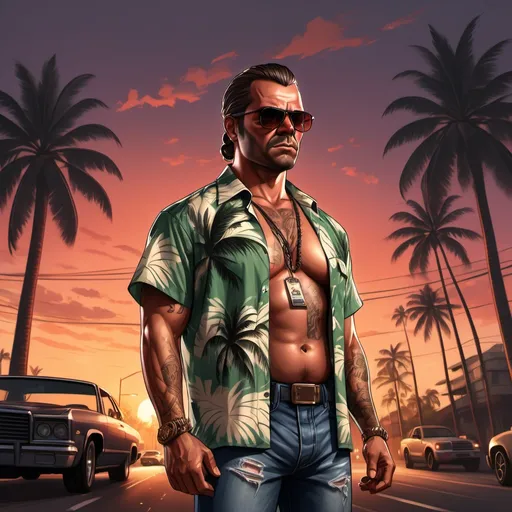 Prompt: 4k , high resolution , detailed , gta style ,dark colors , digital painting , palm tree ,sunset ,light ,road , cars ,outdoor , dramatic atmosphere  ,opened hawaiian shirt, jeans , a medium man in the street holding jack Daniel's whiskey, tough face , sunglasses , mirrored lens , braids haircut ,muscular figure , crossed hands  , low angle shot  , close up