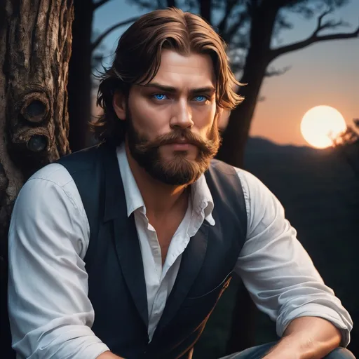 Prompt: A handsome man with blue eyes brown hair and beard sitting down on a big tree watching the full moon tonight with Jack Daniel's whiskey close to him