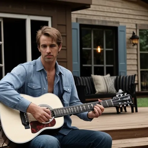 Prompt: Handsome man playing classic guitar outside his beautiful home drinking jack Daniels whiskey