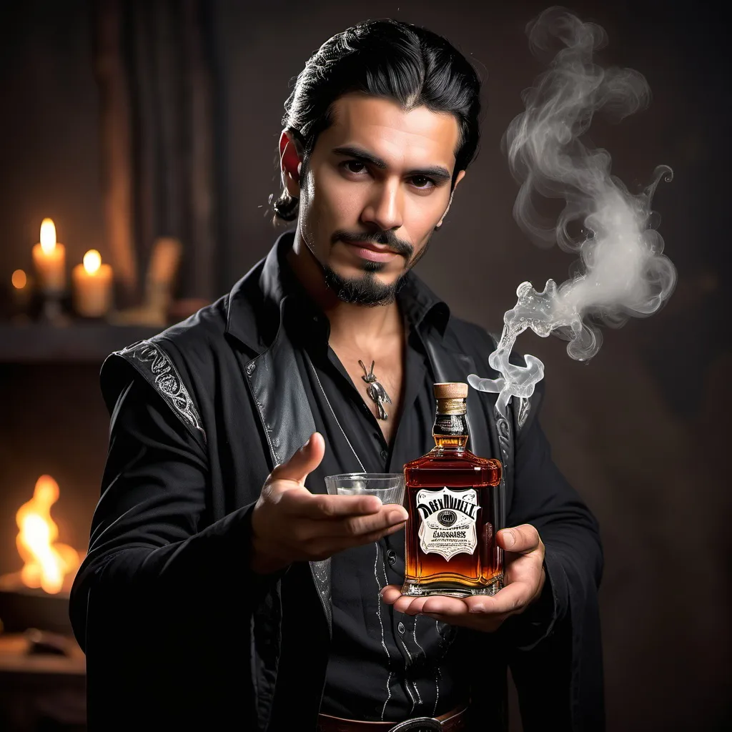 Prompt: handsome hispanic male sorcerer using magic holding Jack Daniel's whiskey