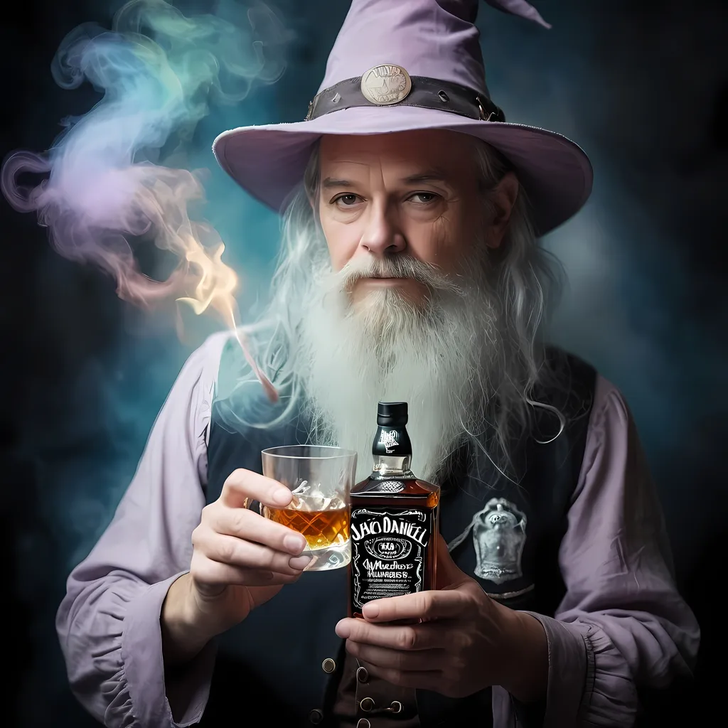 Prompt: Dreamy pastel portrait, wizard holding Jack Daniel's whiskey, ethereal atmosphere, soft focus