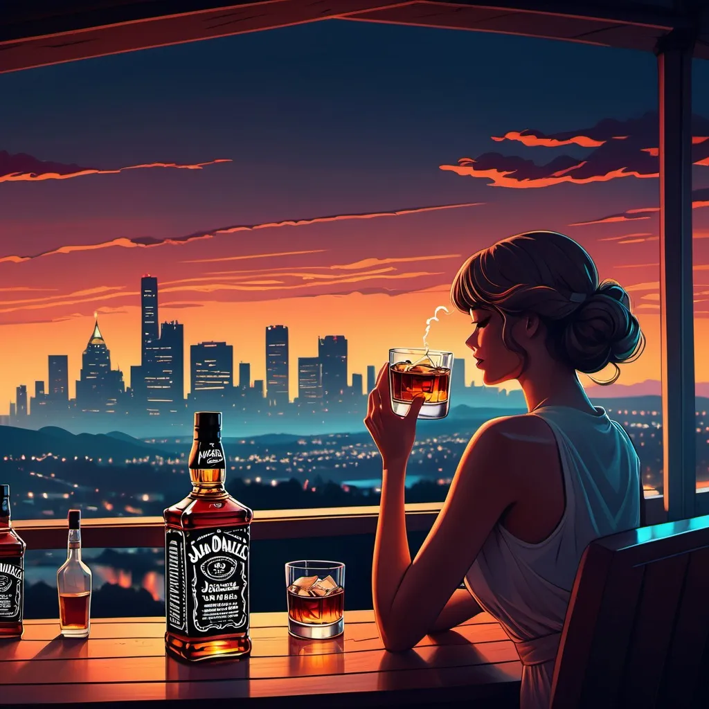 Prompt: lofi art banner background with beautiful lady and a man drinking jack Daniels whiskey watching skyline no people