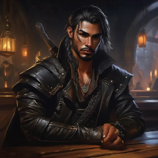 Prompt: a male human rogue with olive skin and braided hair holding a psionic blade and Jack Daniel's whiskey in a busy fantasy tavern, ear piercings, scar over left eye, Wearing dark black leathers, former paladin, pendant in the shape of an eye, gloomy atmosphere, Dungeons and Dragons Character Art Style, Dark Fantasy Style, D&D character portrait, fantasy art, oil painting, Dark atmosphere