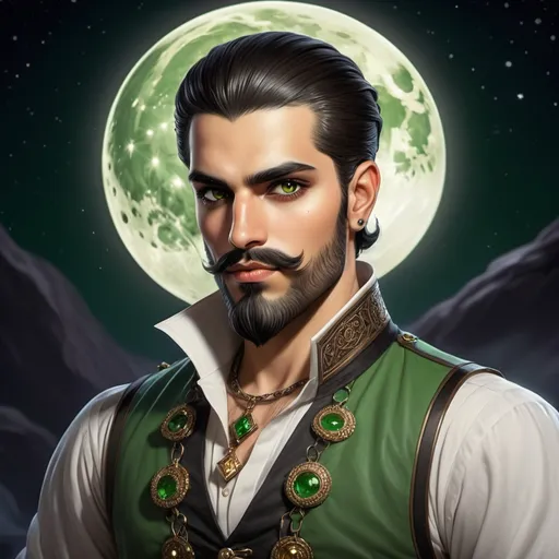 Prompt: Persian prince with soft features drinking Jack Daniels whiskey, kind, brown eyes, very short trimmed hair and closely shaved black beard. Second character is a Prince with green eyes, brown hair in one braids, standing in the full moon .