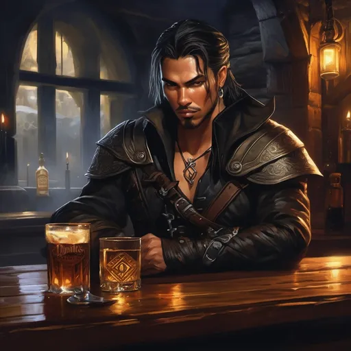 Prompt: a male human rogue with olive skin and braided hair drinking jack Daniels whiskey holding a psionic blade in a busy fantasy tavern, ear piercings, scar over left eye, Wearing dark black leathers, former paladin, pendant in the shape of an eye, gloomy atmosphere, Dungeons and Dragons Character Art Style, Dark Fantasy Style, D&D character portrait, fantasy art, oil painting, Dark atmosphere