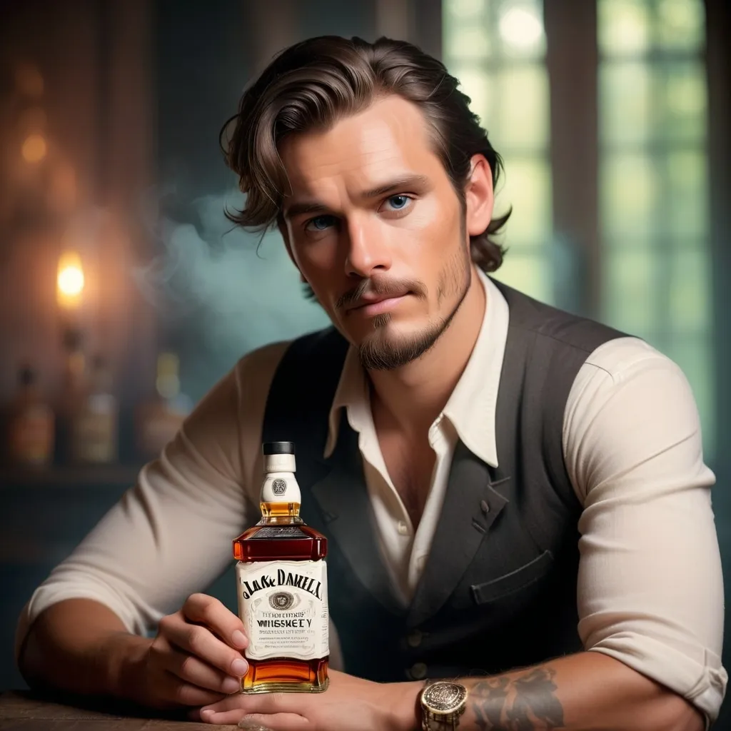 Prompt: Dreamy pastel portrait handsome man holding jack Daniel's whiskey, ethereal atmosphere, soft focus