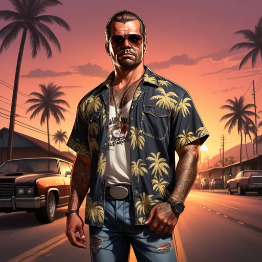 Prompt: 4k , high resolution , detailed , gta style ,dark colors , digital painting , palm tree ,sunset ,light ,road , cars ,outdoor , dramatic atmosphere  ,opened hawaiian shirt, jeans , a medium man in the street holding jack Daniel's whiskey, tough face , sunglasses , mirrored lens , braids haircut ,muscular figure , crossed hands  , low angle shot  , close up