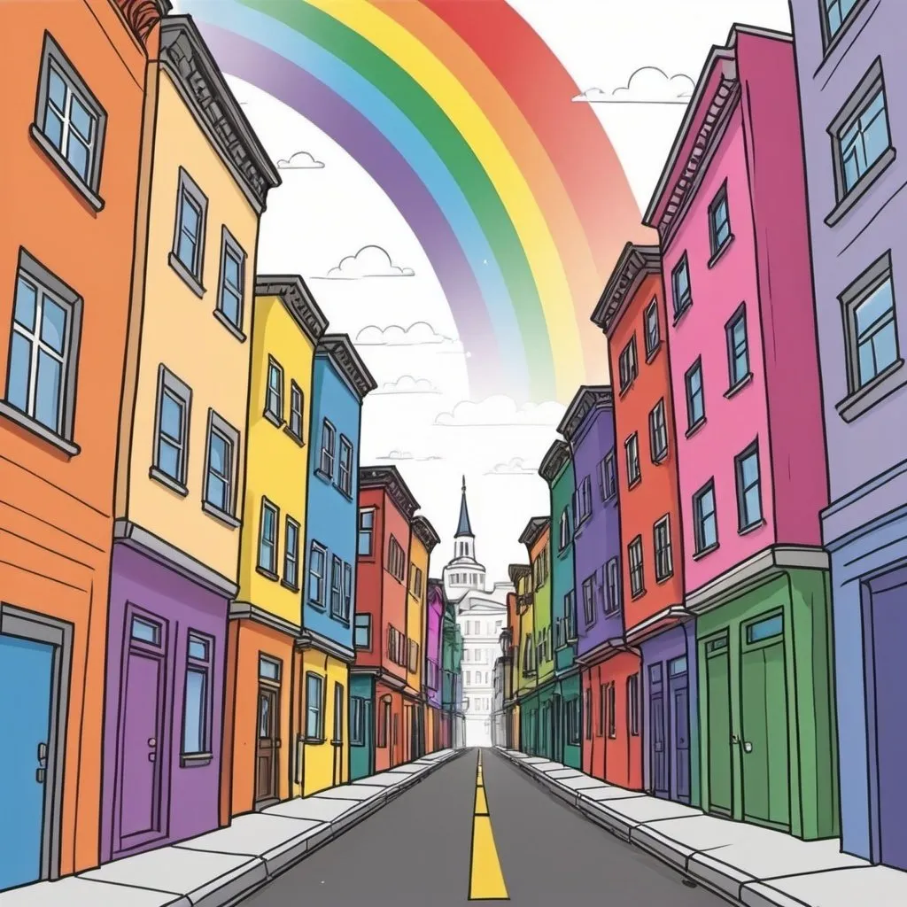 Prompt: Draw an illustration that reminds me of a city in Turkey. Create an LGBTI+ Pride Month themed visual where buildings appear side by side in a linear fashion on a street and a rainbow flag stretches between the buildings. Draw the buildings realistically.