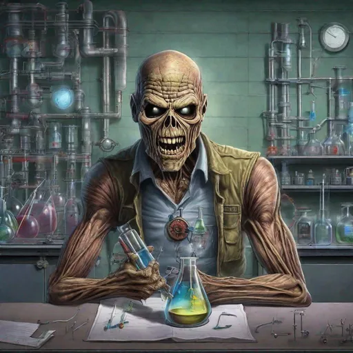 Prompt: Eddie from Iron Maiden is a scientist