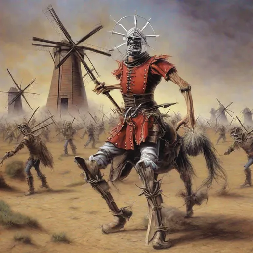 Prompt: Eddie from Iron Maiden as don Quichot fighting windmills