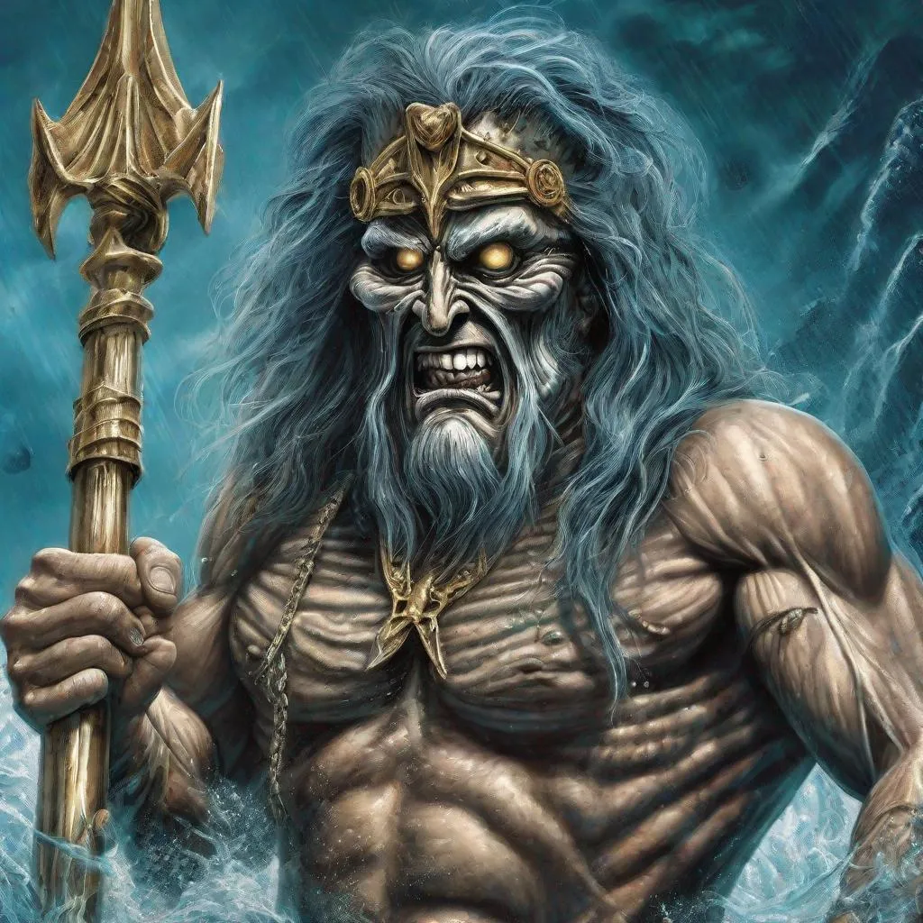 Prompt: Eddie from Iron Maiden as poseidon