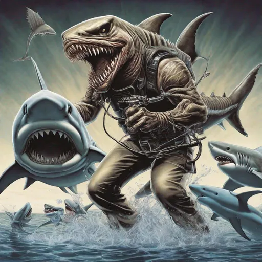 Prompt: Eddie from Iron Maiden plays with sharks