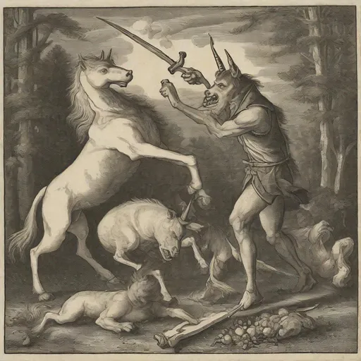 Prompt: A werewolf killing a unicorn