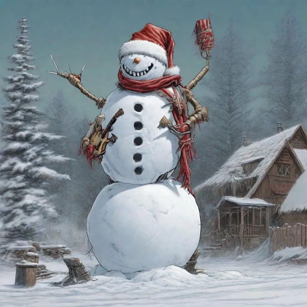 Prompt: Eddie from Iron Maiden is a snowman