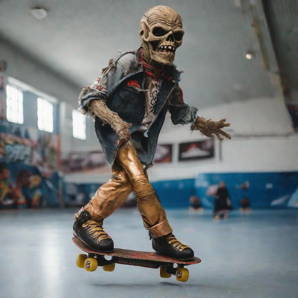 Prompt: Eddie from Iron Maiden is rollerskating