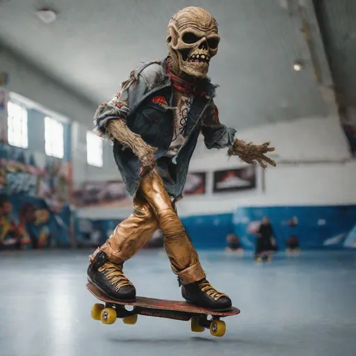 Prompt: Eddie from Iron Maiden is rollerskating