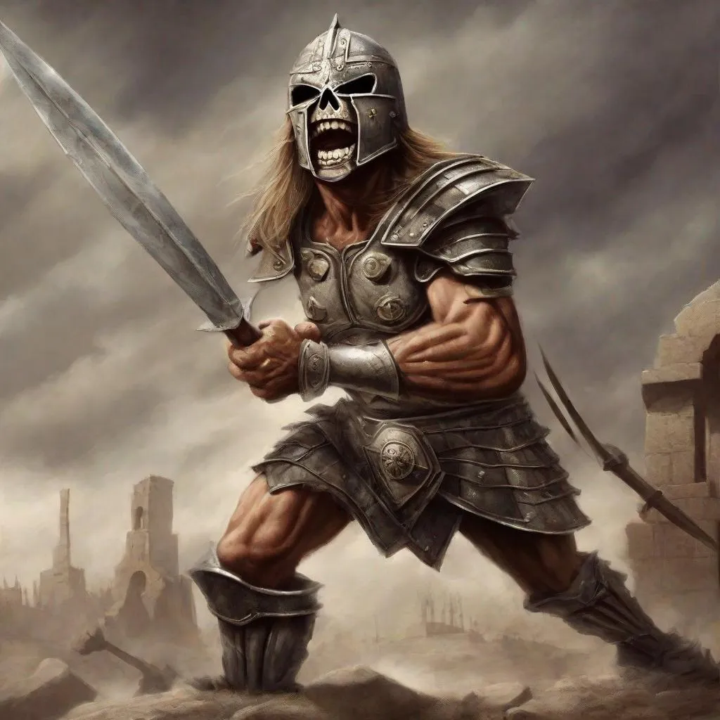 Prompt: Eddie from Iron Maiden is a gladiator