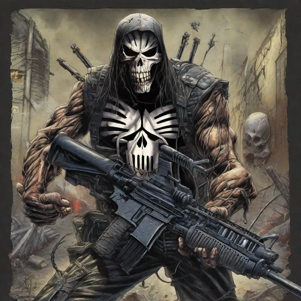 Prompt: Eddie from Iron Maiden is the punisher