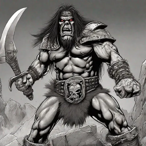 Prompt: Eddie from Iron Maiden as conan the barbarion