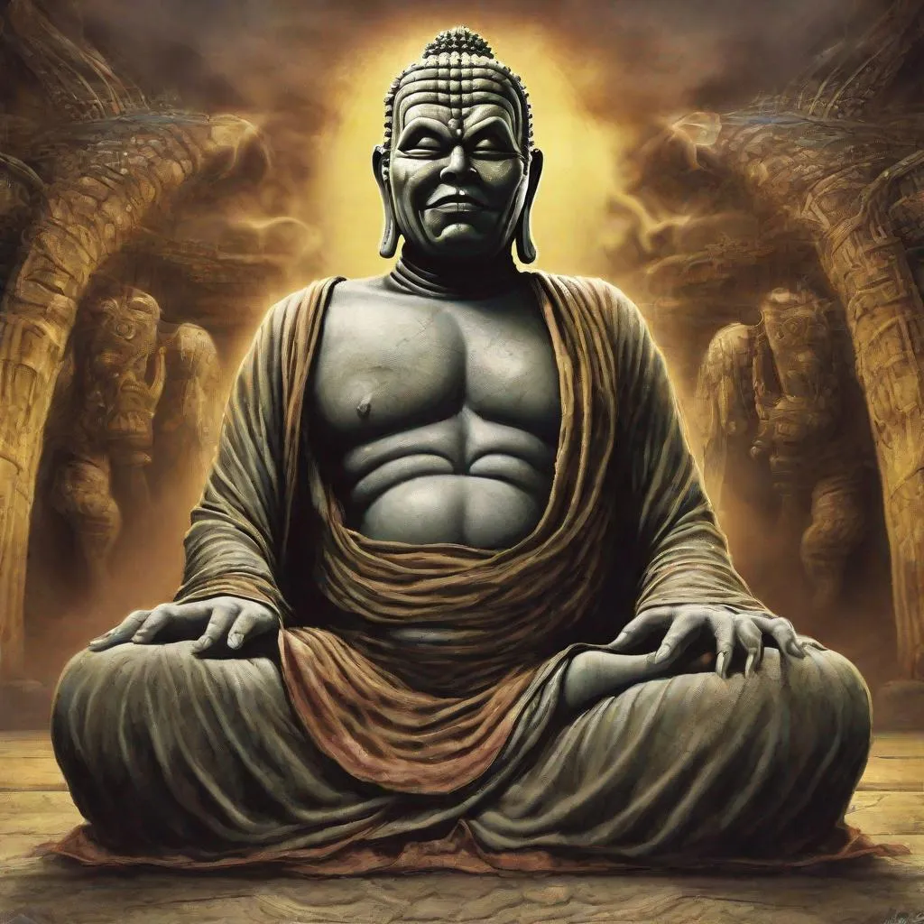 Prompt: Eddie from Iron Maiden as Buddha