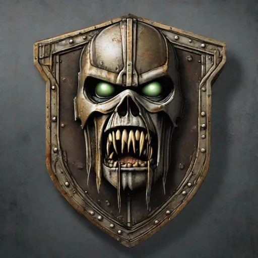 Prompt: A shield with Eddie from Iron Maiden on it