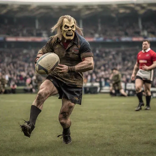 Prompt: Eddie from Iron Maiden plays rugby