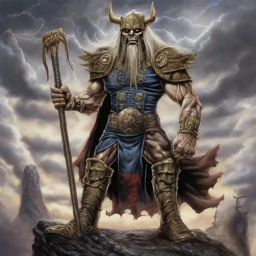 Prompt: Eddie from Iron Maiden as odin