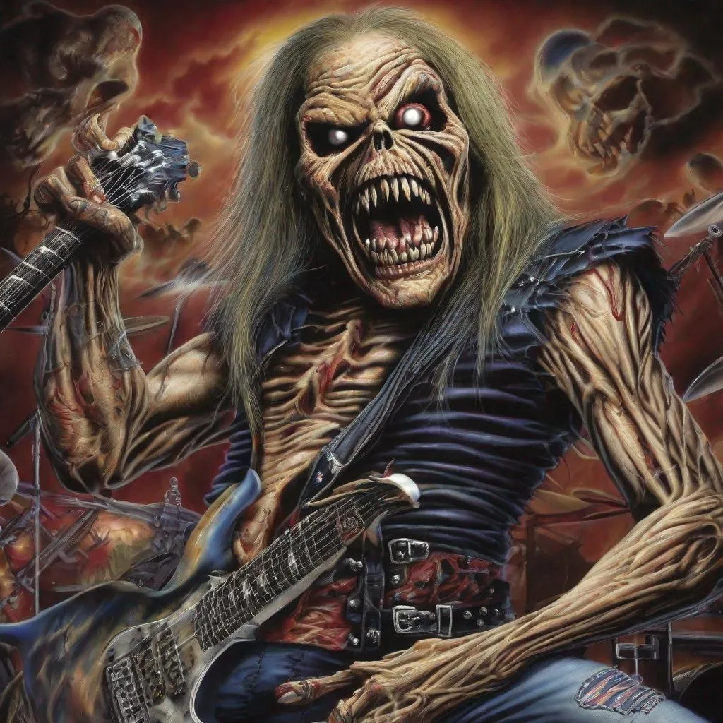 Prompt: Eddie from Iron Maiden is a metal music lover