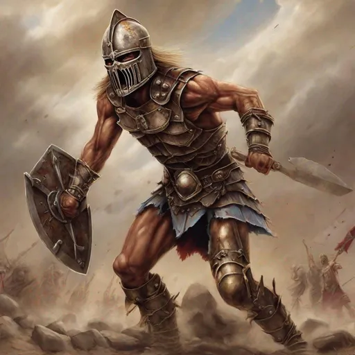 Prompt: Eddie from Iron Maiden is a gladiator
