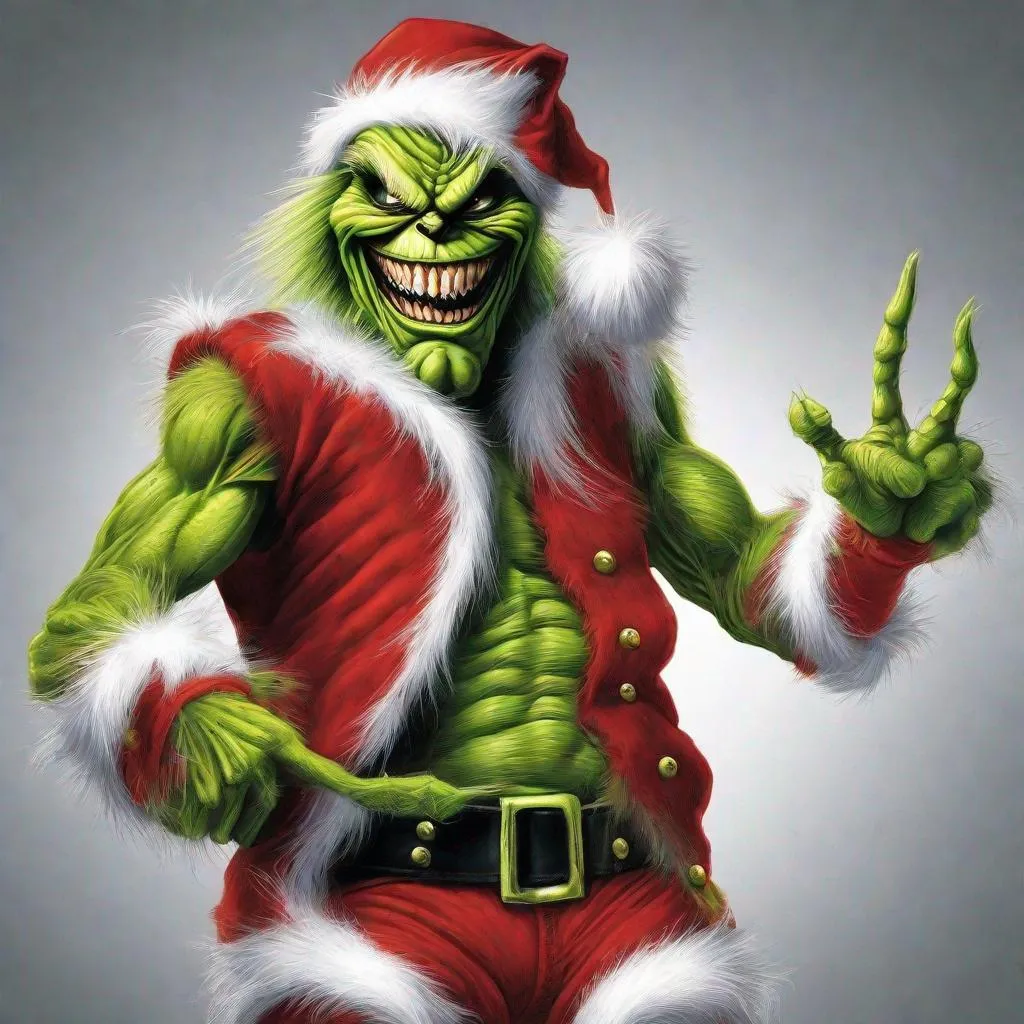 Prompt: Eddie from Iron Maiden as the grinch