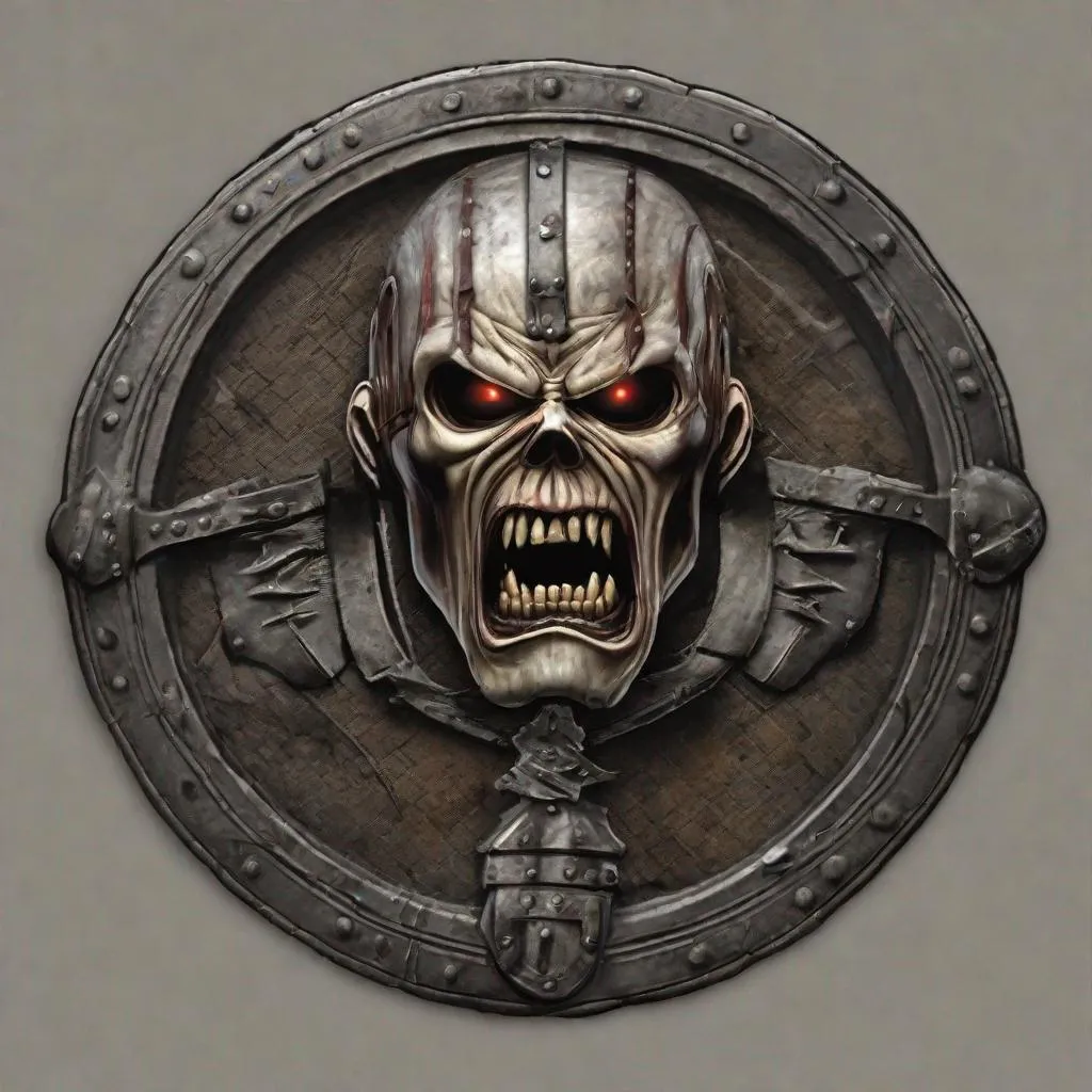 Prompt: A shield with Eddie from Iron Maiden on it