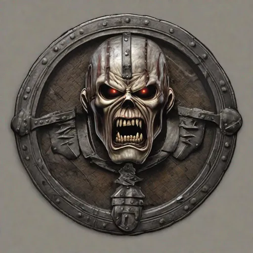 Prompt: A shield with Eddie from Iron Maiden on it