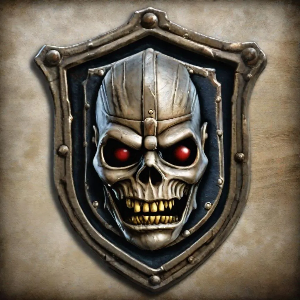 Prompt: A shield with Eddie from Iron Maiden on it