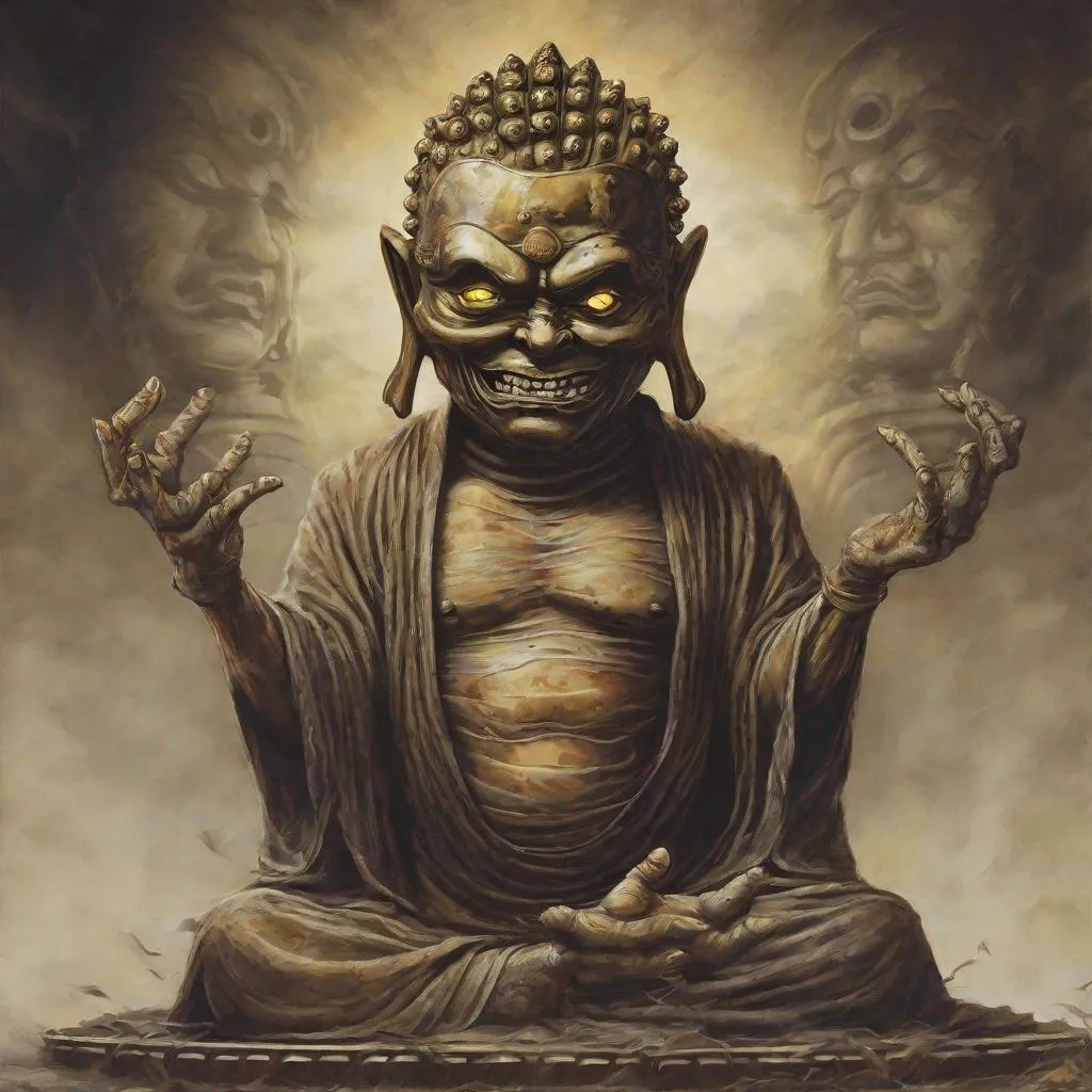 Prompt: Eddie from Iron Maiden as the Buddha