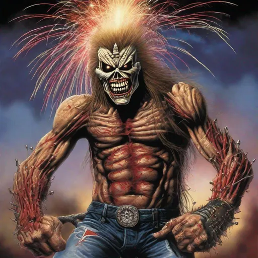 Prompt: Eddie from Iron Maiden, his face is fireworks