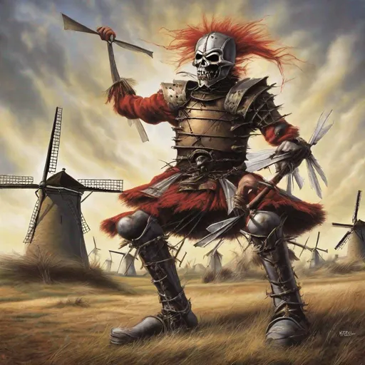 Prompt: Eddie from Iron Maiden as don Quichot fighting windmills