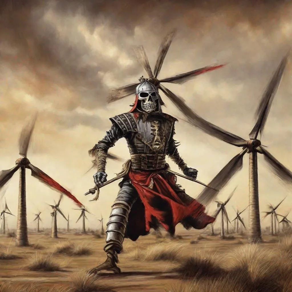 Prompt: Eddie from Iron Maiden as don Quichot fighting windmills